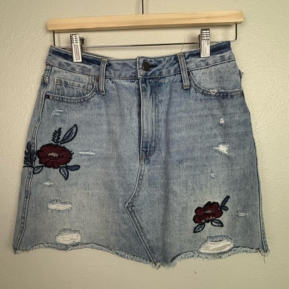 Embroidered Floral Distressed Denim Mini Skirt